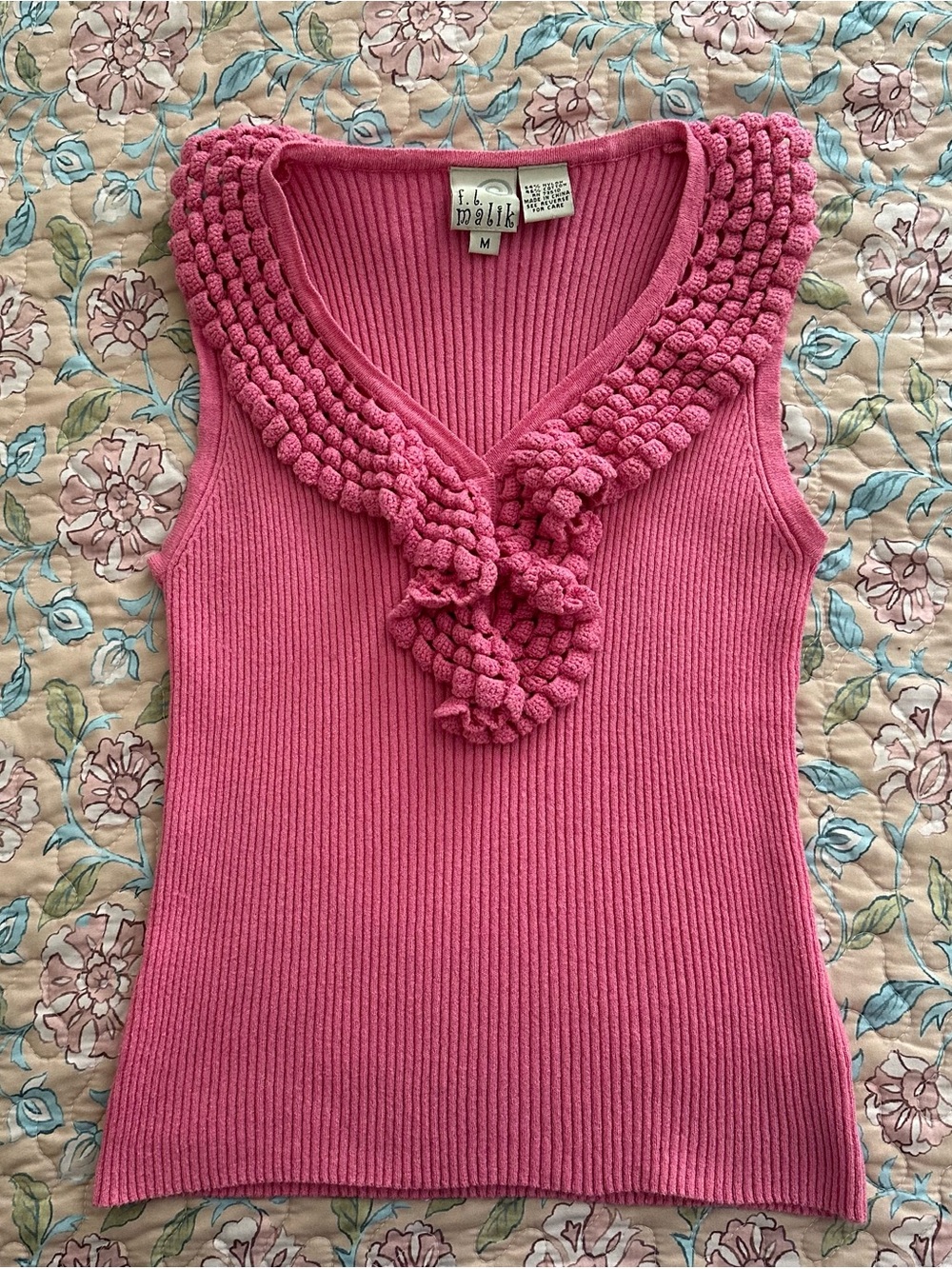 F.L. Malik Vintage 90s Pink Ribbed Knit Sleeveless Crochet Ruffle Top